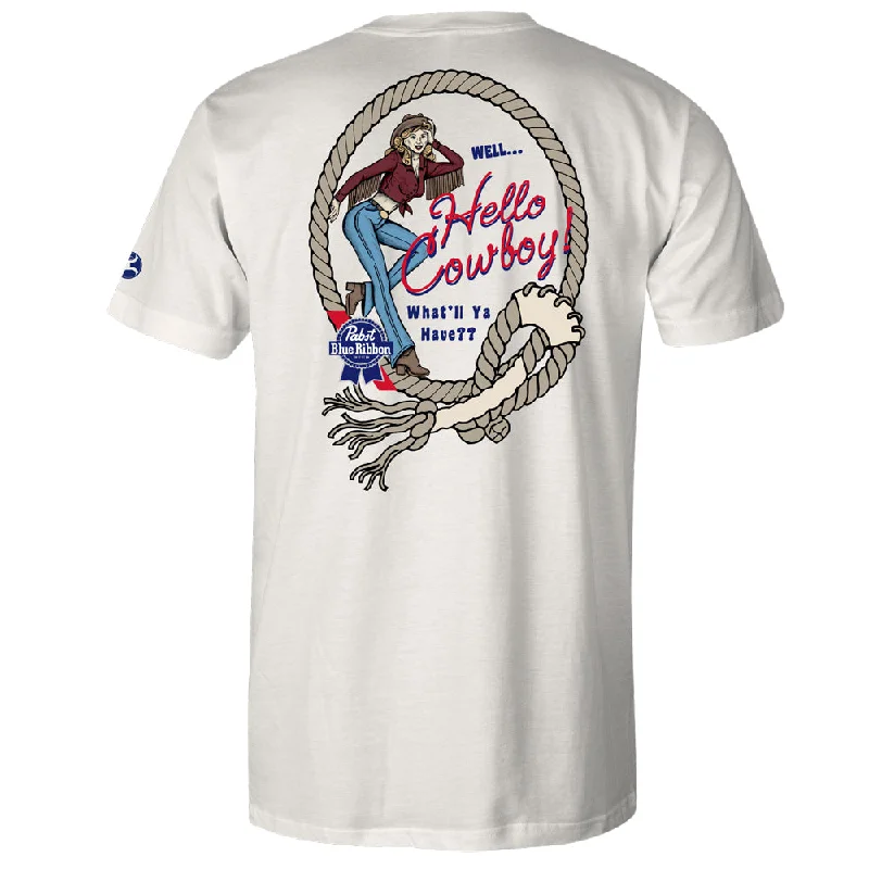 men's short-sleeve t-shirts -"Pabst Blue Ribbon" Cream w/"Hello Cowboy" T-shirt