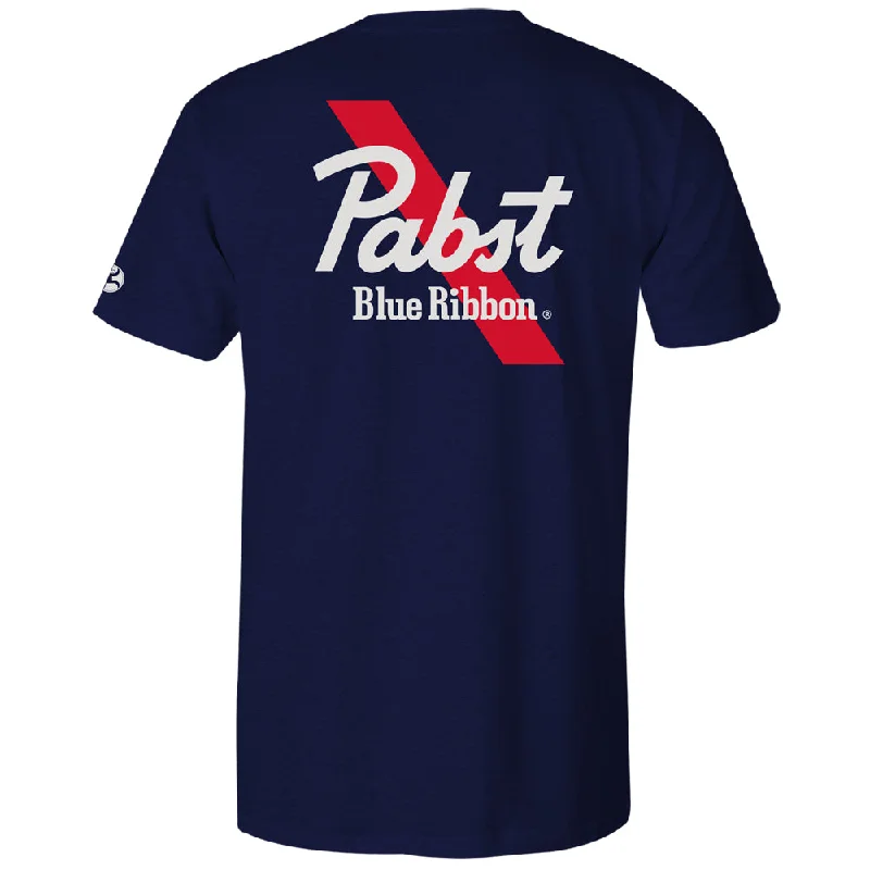 performance t-shirts for men -"Pabst Blue Ribbon" Navy Heather w/ Red & White T-shirt