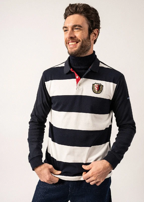 lightweight polo shirts for men -Pierrot Rugby-style Striped Polo Shirt - long sleeves, with SAINT JAMES badge (AMIRAL/ECUME)