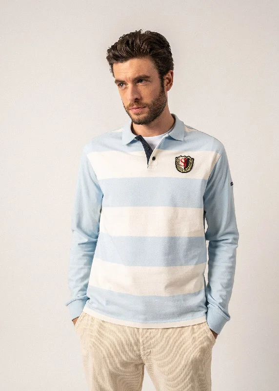 polo shirts for men with collars -Pierrot Rugby-style Striped Polo Shirt - long sleeves, with SAINT JAMES badge (CIEL/ECUME)