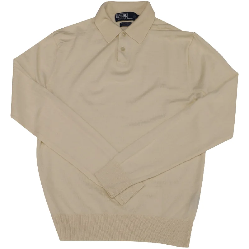 men's polo shirts for golf tournaments -Polo by Ralph Lauren Long Sleeve Polo Shirt in Cream Merino Wool