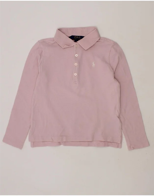 men's long-sleeve polo shirts -POLO RALPH LAUREN Girls Long Sleeve Polo Shirt 5-6 Years Pink Cotton