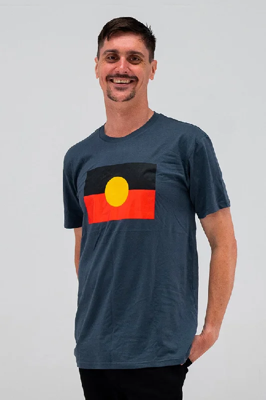 men's black graphic t-shirts -"Raise The Flag" Aboriginal Flag (Large) Petrol Blue Cotton Crew Neck Unisex T-Shirt