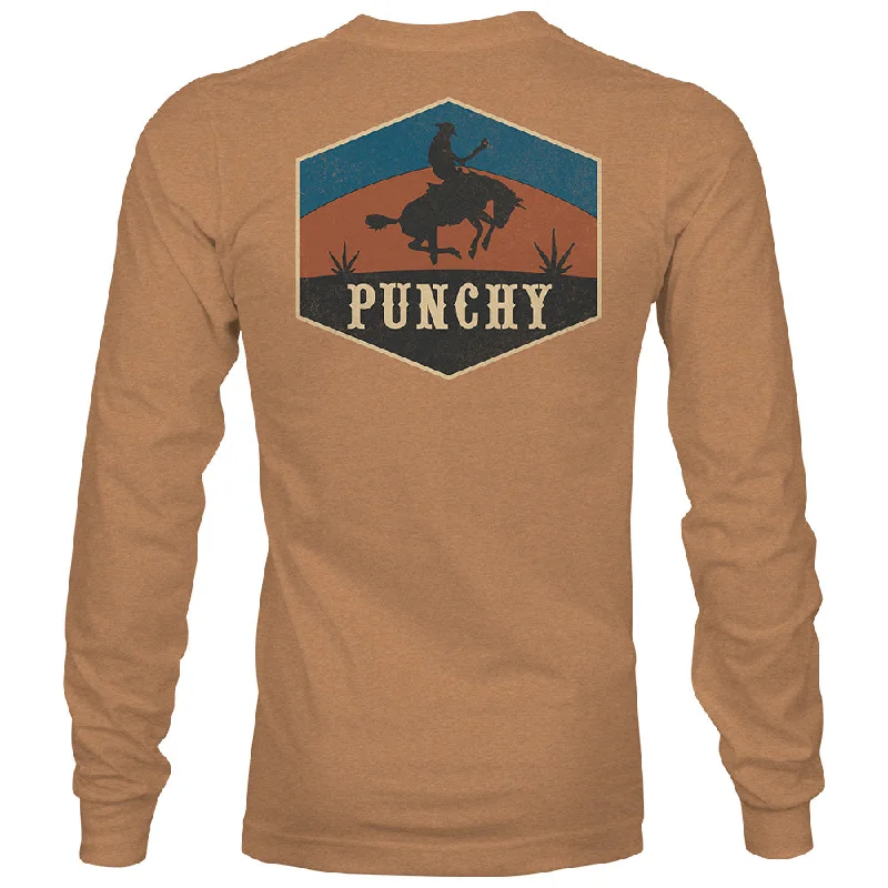 men's summer t-shirts with prints -"Ranchero" Long Sleeve T-shirt Sienna Heather w/Orange & Blue Logo