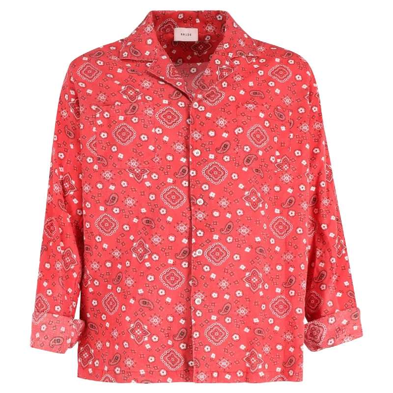 men's comfortable plaid shirts -Rhude Bandana Print Shirt in Red Cotton