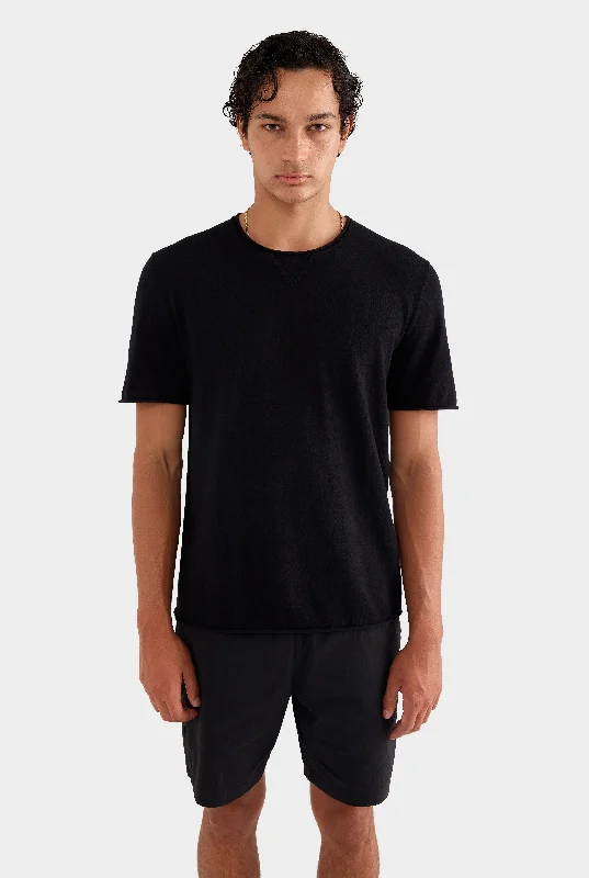 versatile t-shirts for men -Rolled Edge Cotton Knit T-Shirt - Black