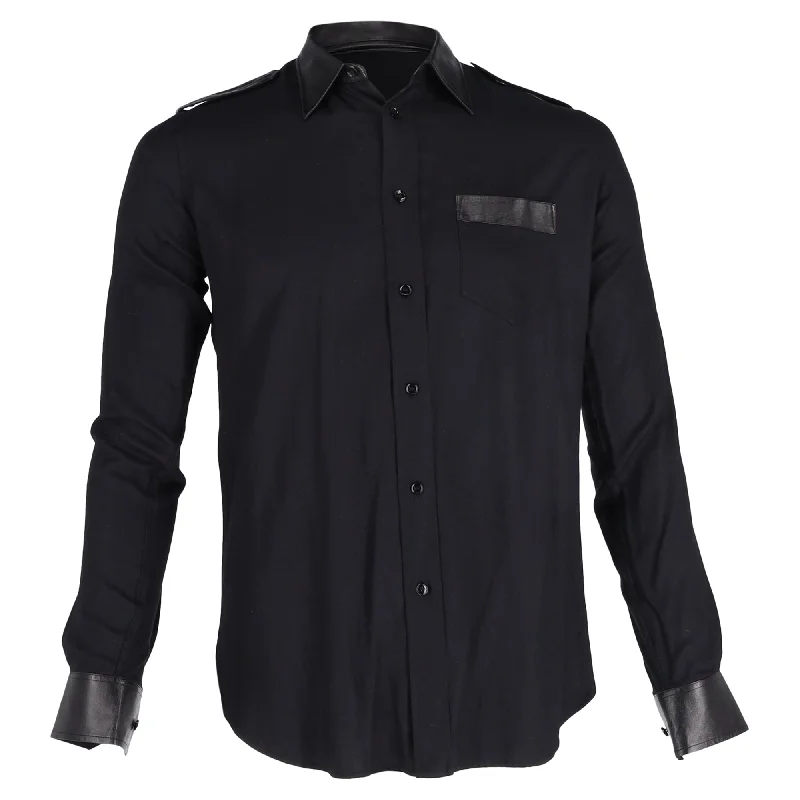 classic white shirts for men -Saint Laurent Long-Sleeved Shirt With Leather Collar and Cuffs in Black Cotton