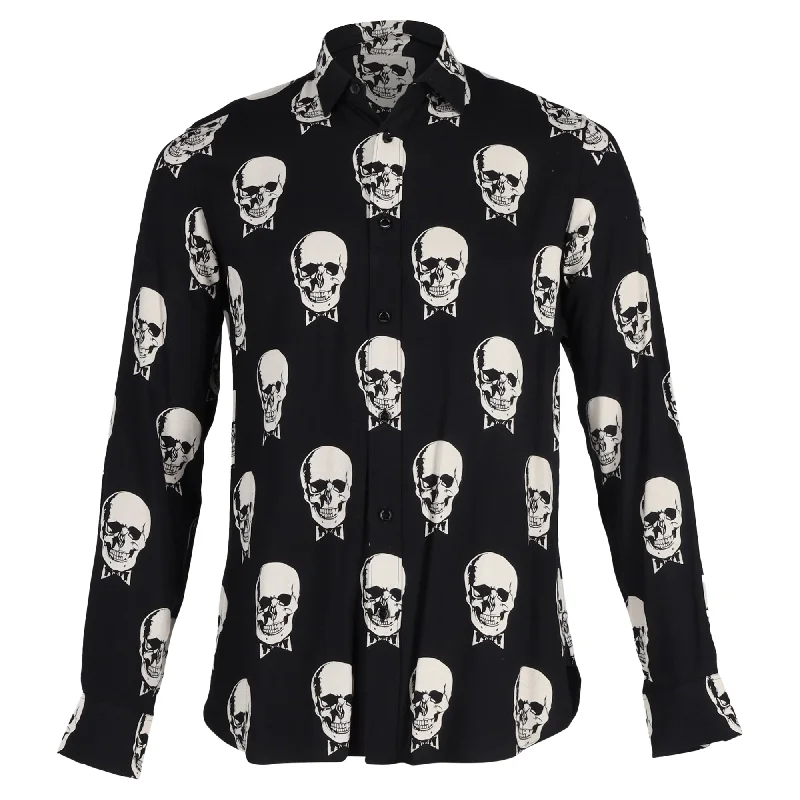 men's short-sleeve checkered shirts -Saint Laurent Skull Print Shirt in Black Viscose