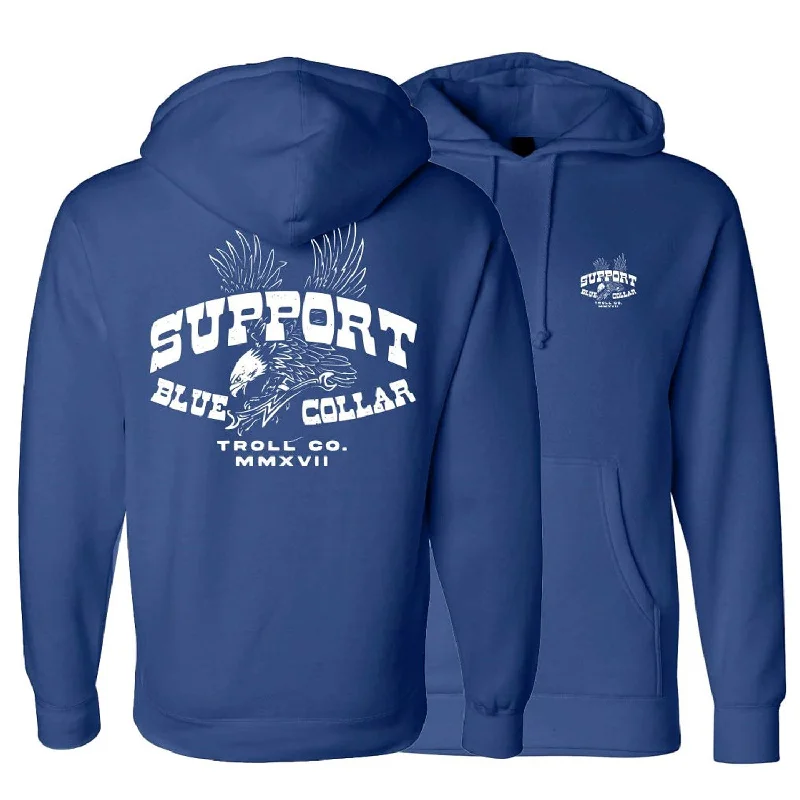 fashionable men's sweatshirts -Troll Co. Men's Vintage Eagle "Support Blue Collar" Fleece Hoodie