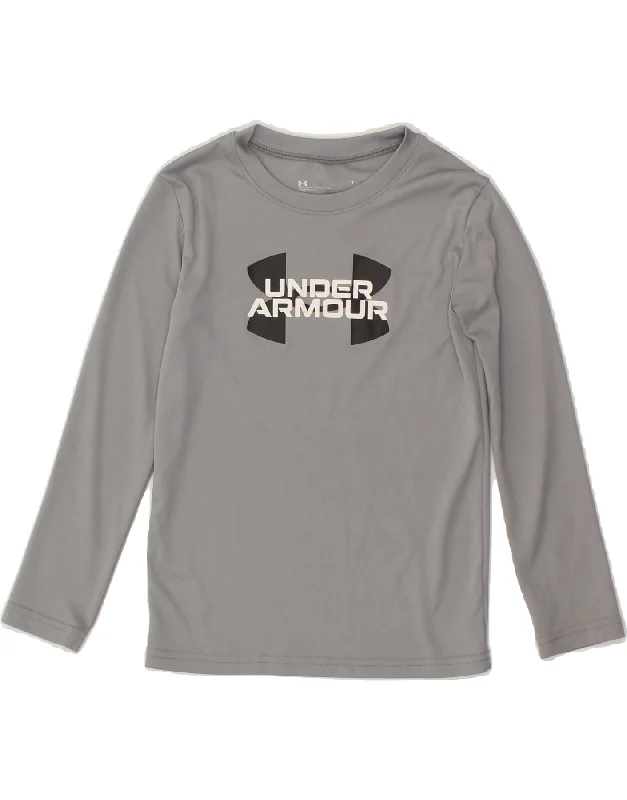 men's printed logo t-shirts -UNDER ARMOUR Boys Graphic Top Long Sleeve 6-7 Years Grey Polyester