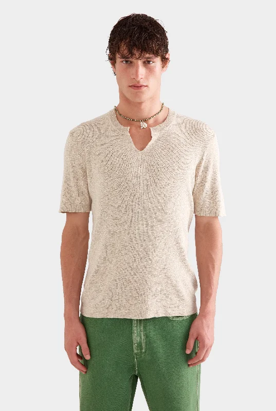 breathable t-shirts for men -V Cut Knitted T-Shirt -  Sand Marl