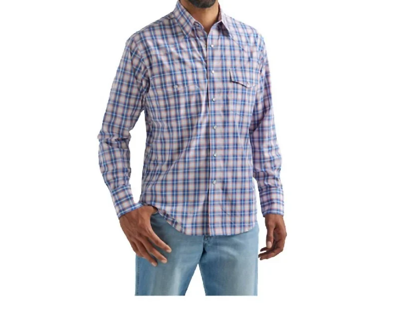 men's easy-care button-down shirts -Wrinkle Resist Long Sleeve Western Snap Shirt In Blue, Orange & White Plaid