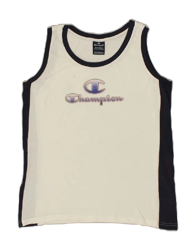 men's sleeveless waistcoats -CHAMPION Boys Graphic Vest Top 15-16 Years 2XL  White Colourblock Cotton