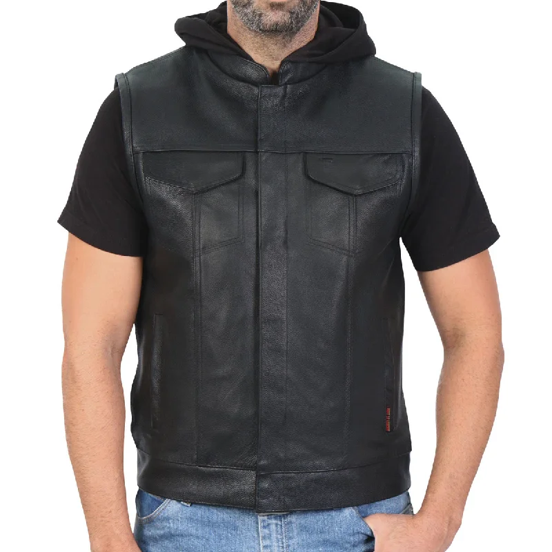 men's vintage hoodies -Hot Leathers VSM1201 Men's Black Motorcycle Biker Club Style Vest with Hoodie