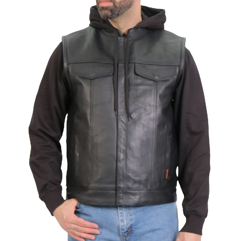 men's hoodies for fall -Hot Leathers VSM1202 Men's Black '2-in-1' Conceal and Carry Leather Vest with Hoodie