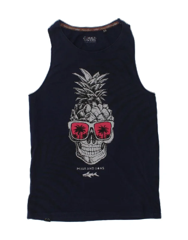 lightweight waistcoats for men -MAUI AND SONS Girls Graphic Vest Top 9-10 Years Navy Blue Cotton