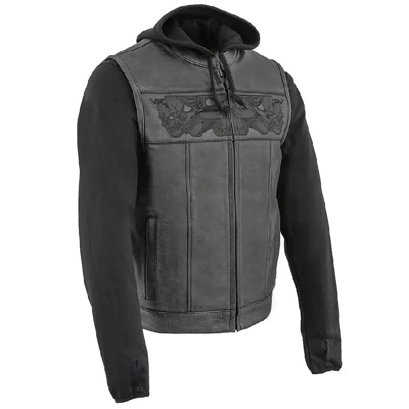 modern hoodies for men -Milwaukee Leather Men's Black Leather Vest with Reflective Skulls & Full Hoodie Liner