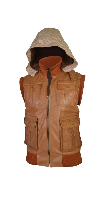 men's hoodies for layering -Mens Antique Tan Removable Hoodie Ribbed Leather Vest