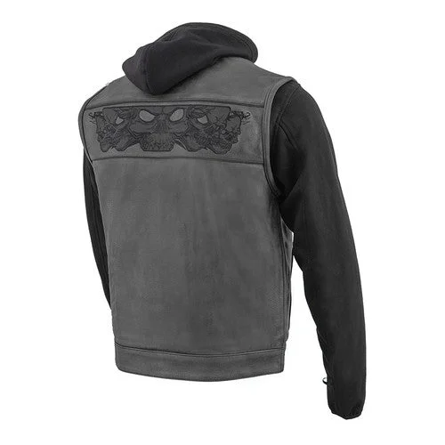 winter-ready sweatshirts for men -Men's Black Leather Vest with Reflective Skulls & Full Hoodie Liner 3563