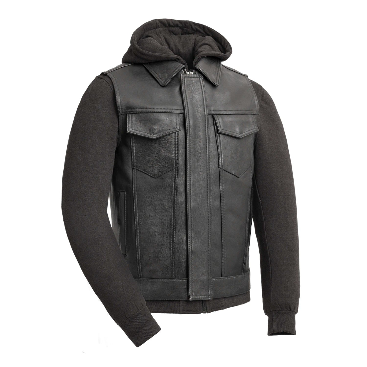 everyday hoodies for men -Kent Men's Motorcycle Leather Vest and Hoodie