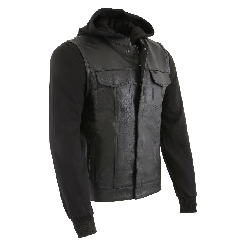 men's hoodies with a hood -Milwaukee Leather LKM3714 Men's Black Club Style '2 in 1' Zipper Vest with Full Sleeve Hoodie and Quick Draw Pocket