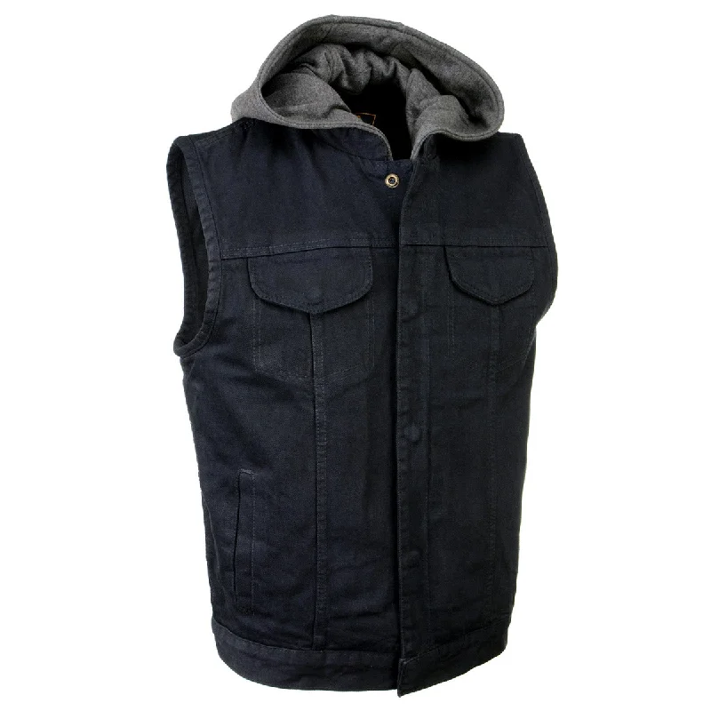 hoodie jackets for men -Milwaukee Leather MDM3015 Men's 'Rustic' Black Denim Motorcycle Riding Vest with Hoodie and Quick Draw Pocket