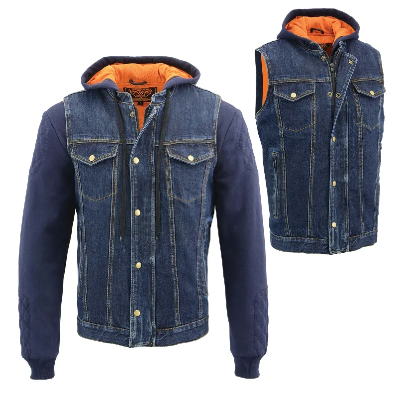 men's logo sweatshirts -Milwaukee Leather MDM3020 Men's Blue Denim '5-in-1' Club Style Vest with Removable Hoodie