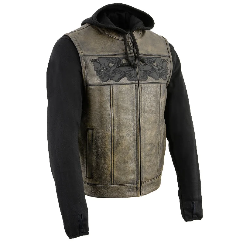 men's sweatshirts with designs -Milwaukee Leather MLM3561 Men's Leather Vest w/ Removeable Hoodie- Distress Brown Reflective Skulls Motorcycle Vest