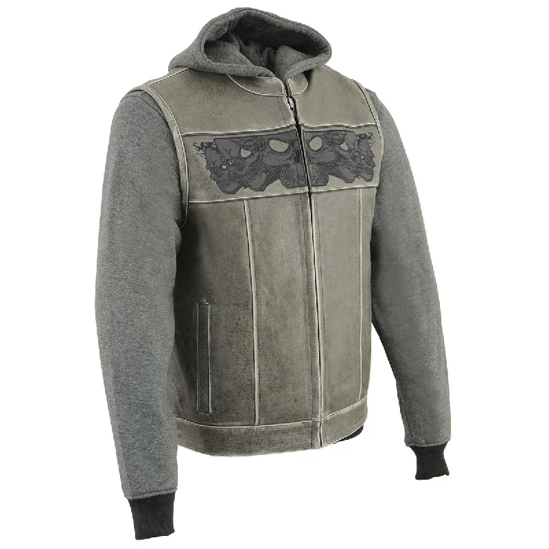 men's comfortable sweatshirts -Milwaukee Leather MLM3562 Men's Leather Vest w/ Removeable Hoodie - Distress Grey Reflective Skulls Motorcycle Vest