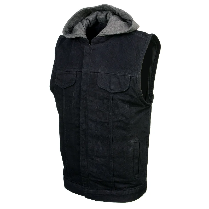 men's casual sweatshirts -Xelement XS13050 Men's 'Rustic' Black Denim Motorcycle Riding Vest with Hoodie and Quick Draw Pocket