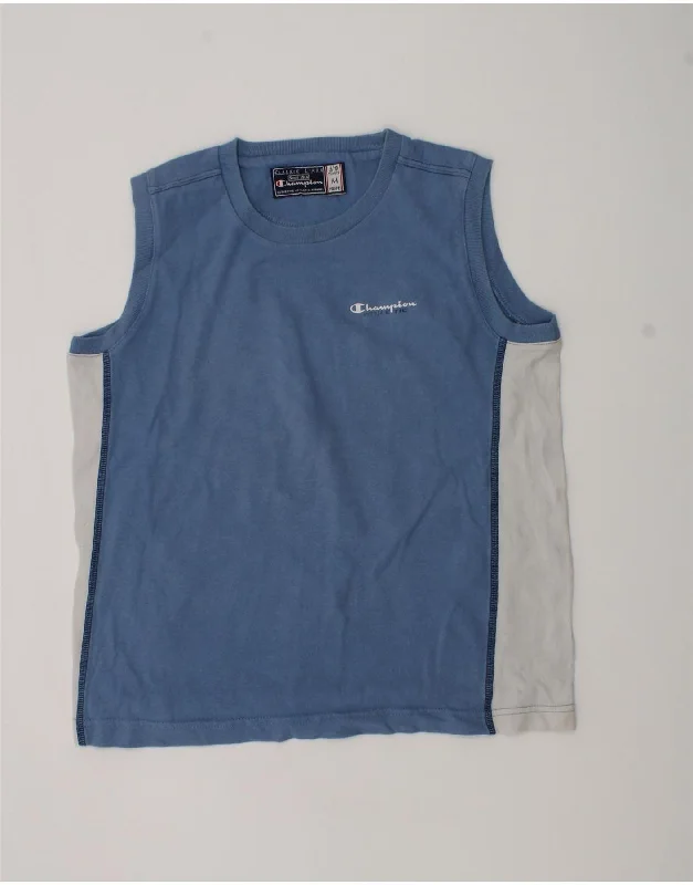 men's cotton vests -CHAMPION Boys Vest Top 9-10 Years Medium Blue Colourblock Cotton