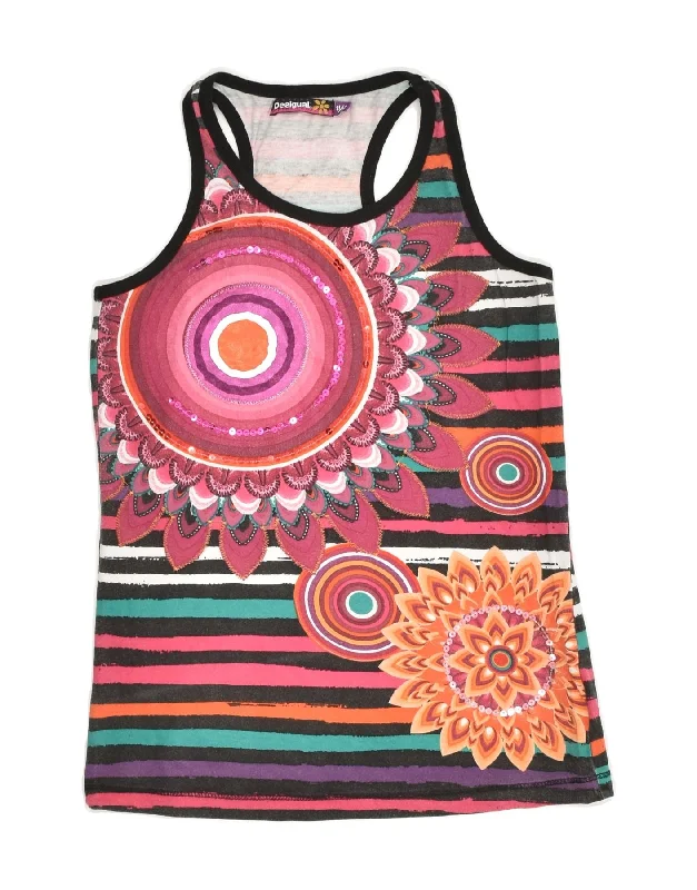 men's zippered vest jackets -DESIGUAL Girls Graphic Vest Top 11-12 Years Pink Striped Cotton