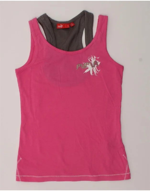 men's formal sleeveless vests -PUMA Girls Graphic Vest Top 11-12 Years Pink Cotton