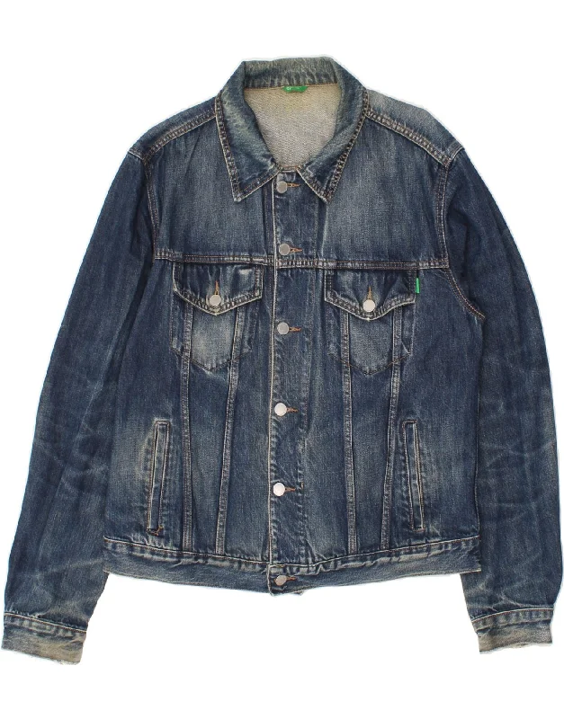 urban style vests for men -BENETTON Mens Denim Jacket UK 40 Large Blue Cotton