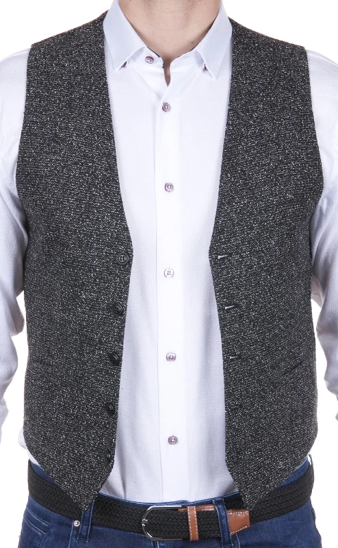 fashionable sleeveless vests for men -Black and Grey Fill Coupe Woven Vest