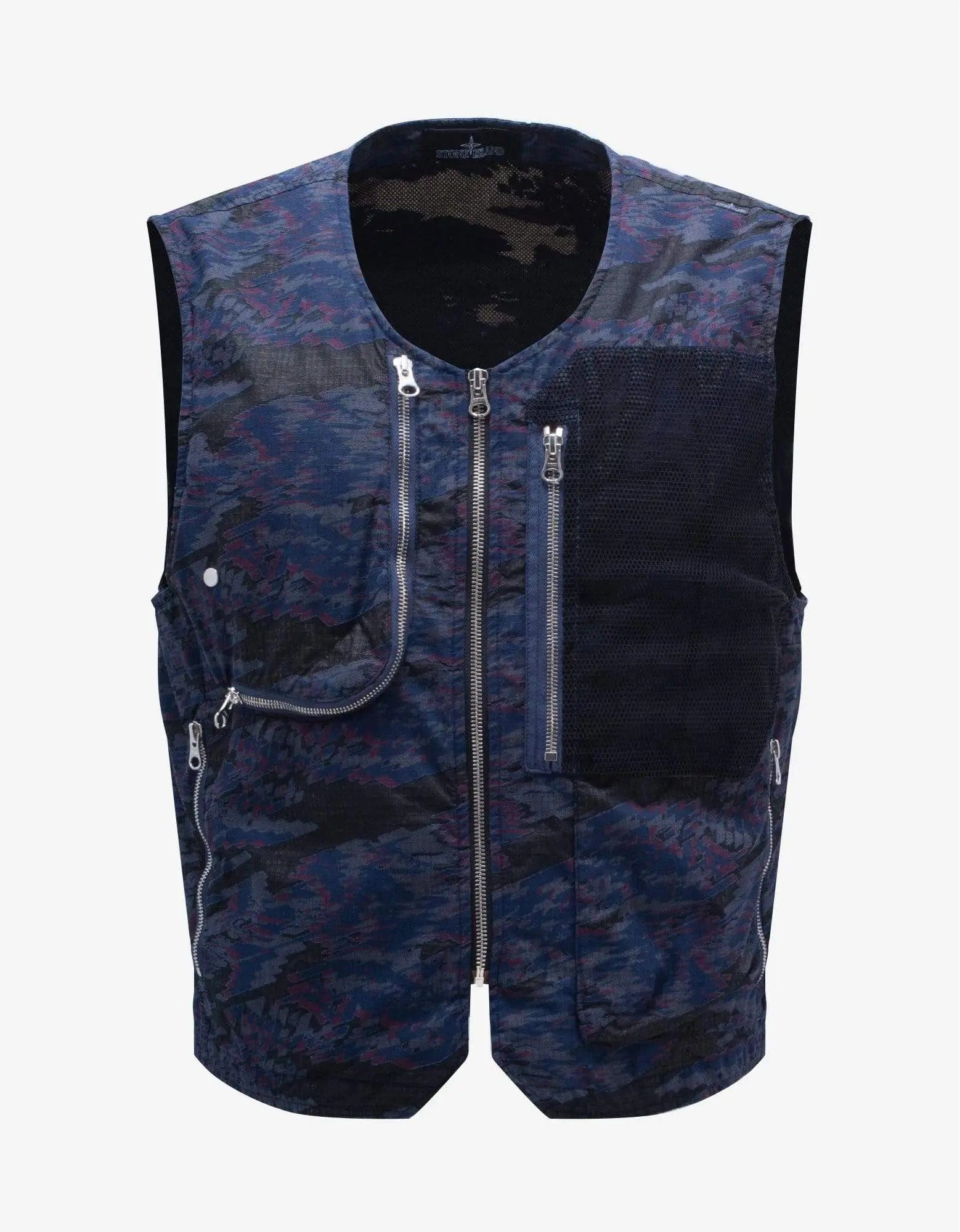 men's zippered vest jackets -Stone Island Shadow Project Blue Dévoré Utility Vest