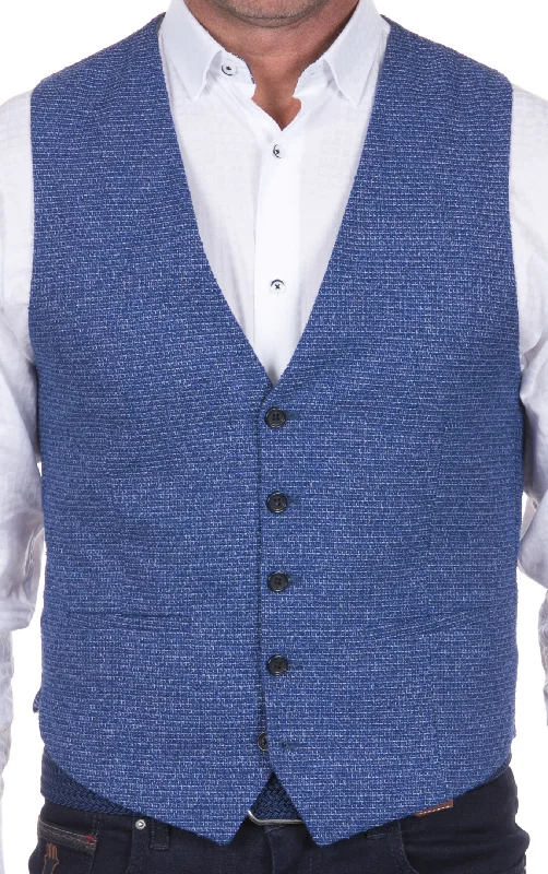 men's vest with pockets -Blue Dobby Woven Vest