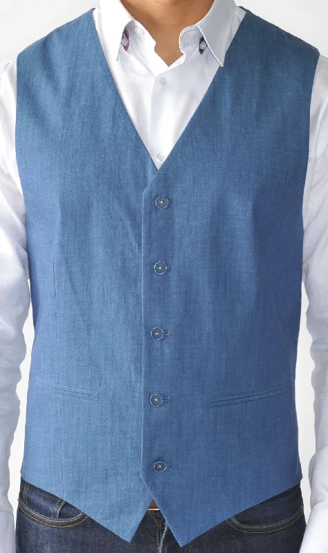 cotton waistcoats for men -Blue Solid Button Down Vest