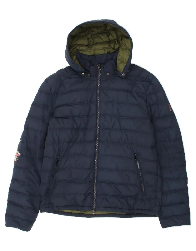 men's zippered vest jackets -FILA Mens Hooded Padded Jacket UK 44 2XL Navy Blue Polyester