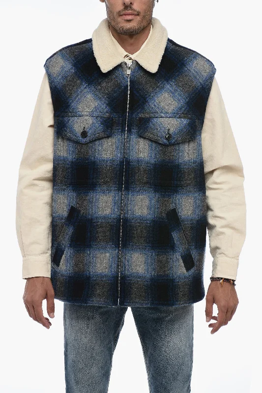 men's casual puffer vests -Isabel Marant Shearling Vest with Tartan Motif