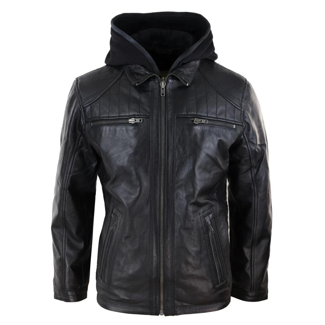 hoodie sweatshirts for men -Mens Black Hoodie Real Leather Jacket Casual Removable Hood Zip Napa