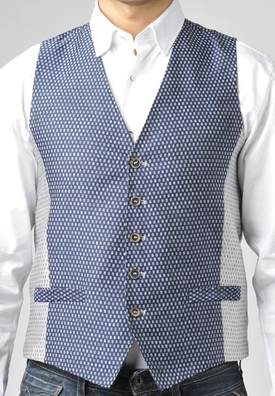 men's vests for summer -Navy and Silver Vest with Jacquard Box Design