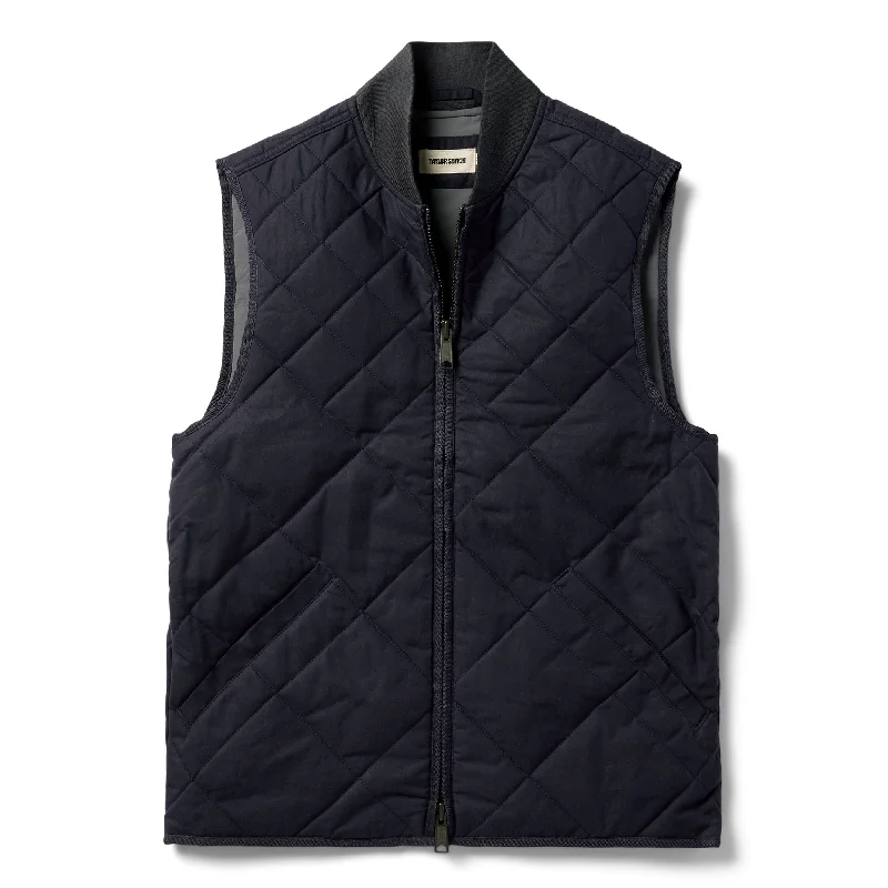 men's zippered vest jackets -The Quilted Bomber Vest in Navy Dry Wax