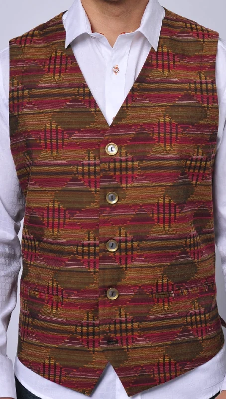 men's waistcoats for layering -Red and Khaki Vest with Triangular Jacquard Design