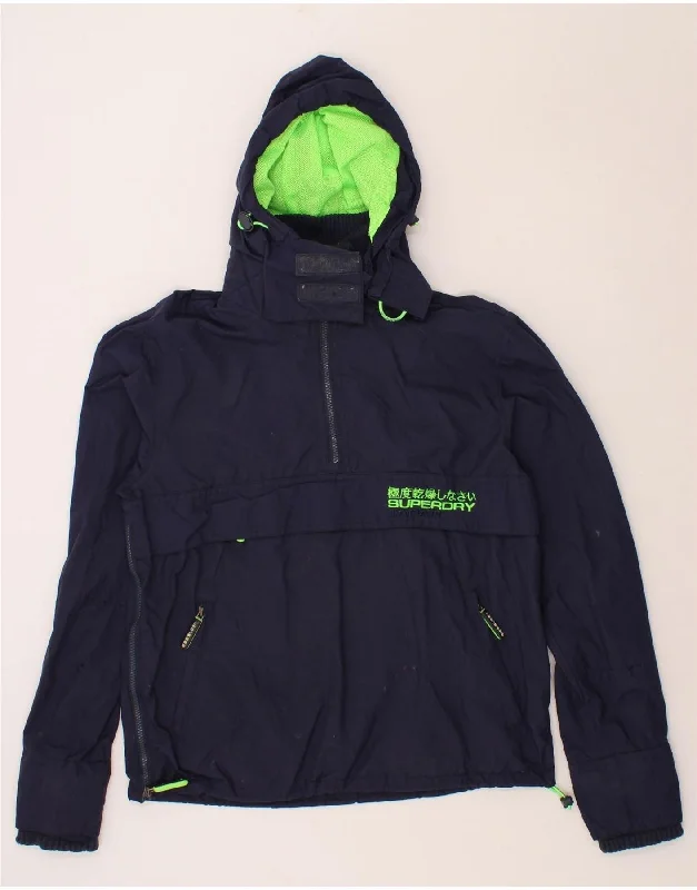 men's zippered vest jackets -SUPERDRY Mens Graphic Hooded Anorak Jacket UK 38 Medium Navy Blue