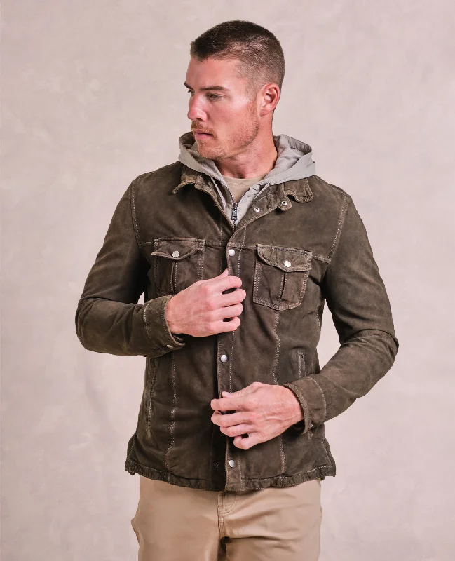 light hoodies for men -The Gimos - Suede Trucker Jacket w/Removable Hoodie - Teak