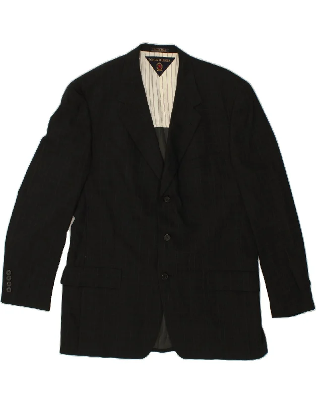 men's zippered vest jackets -TOMMY HILFIGER Mens 3 Button Blazer Jacket UK 44 2XL Black Check Wool