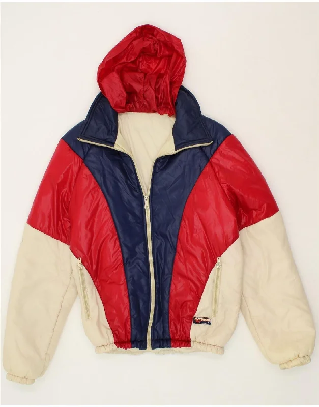 men's zip-up vests -VINTAGE Mens Hooded Padded Jacket IT 46 Small Multicoloured Colourblock