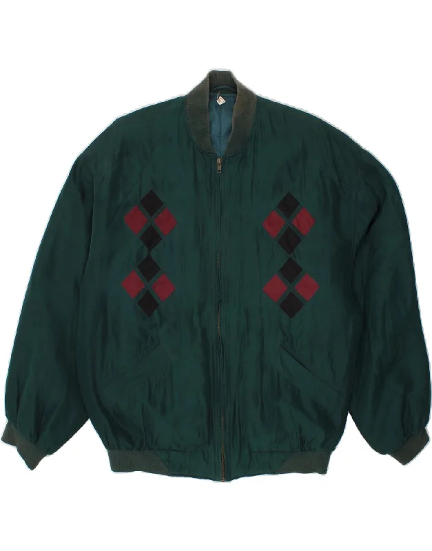 men's vest with pockets -VINTAGE Mens Loose Fit Bomber Jacket UK 34/36 XS Green Argyle/Diamond Silk